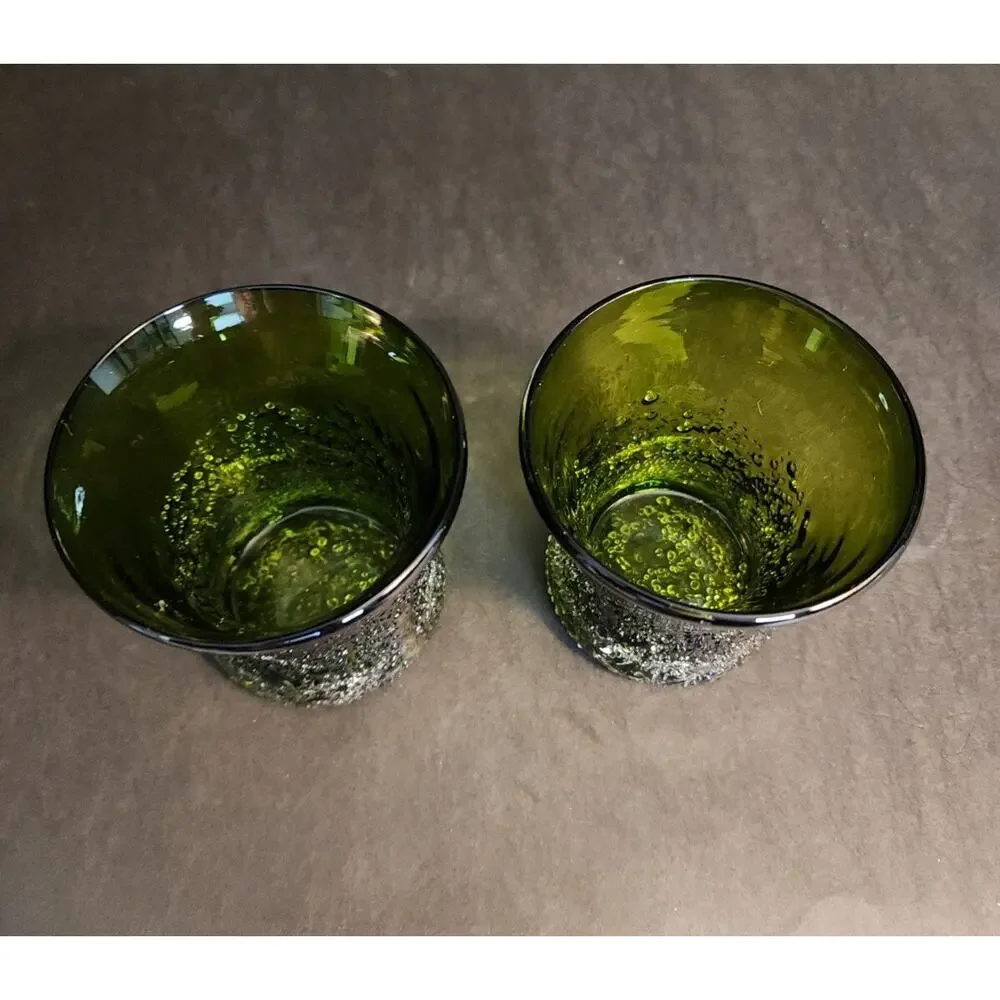 Hand Blow Art Glass Frit Overshot Green 2 Votive Candle Holders, Vases, Juice
